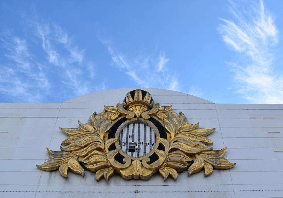 The remnants of a Trump Plaza logo appear on a wall at the Trump Plaza in Atlantic City.