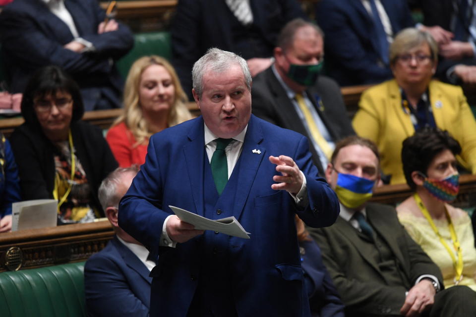 Leader of the Scottish National Party in the House of Commons Ian Blackford speaks during a Prime Minister's Questions session at the House of Commons, in London, Britain, March 16, 2022. UK Parliament/Jessica Taylor/Handout via REUTERS THIS IMAGE HAS BEEN SUPPLIED BY A THIRD PARTY. MANDATORY CREDIT. IMAGE MUST NOT BE ALTERED.