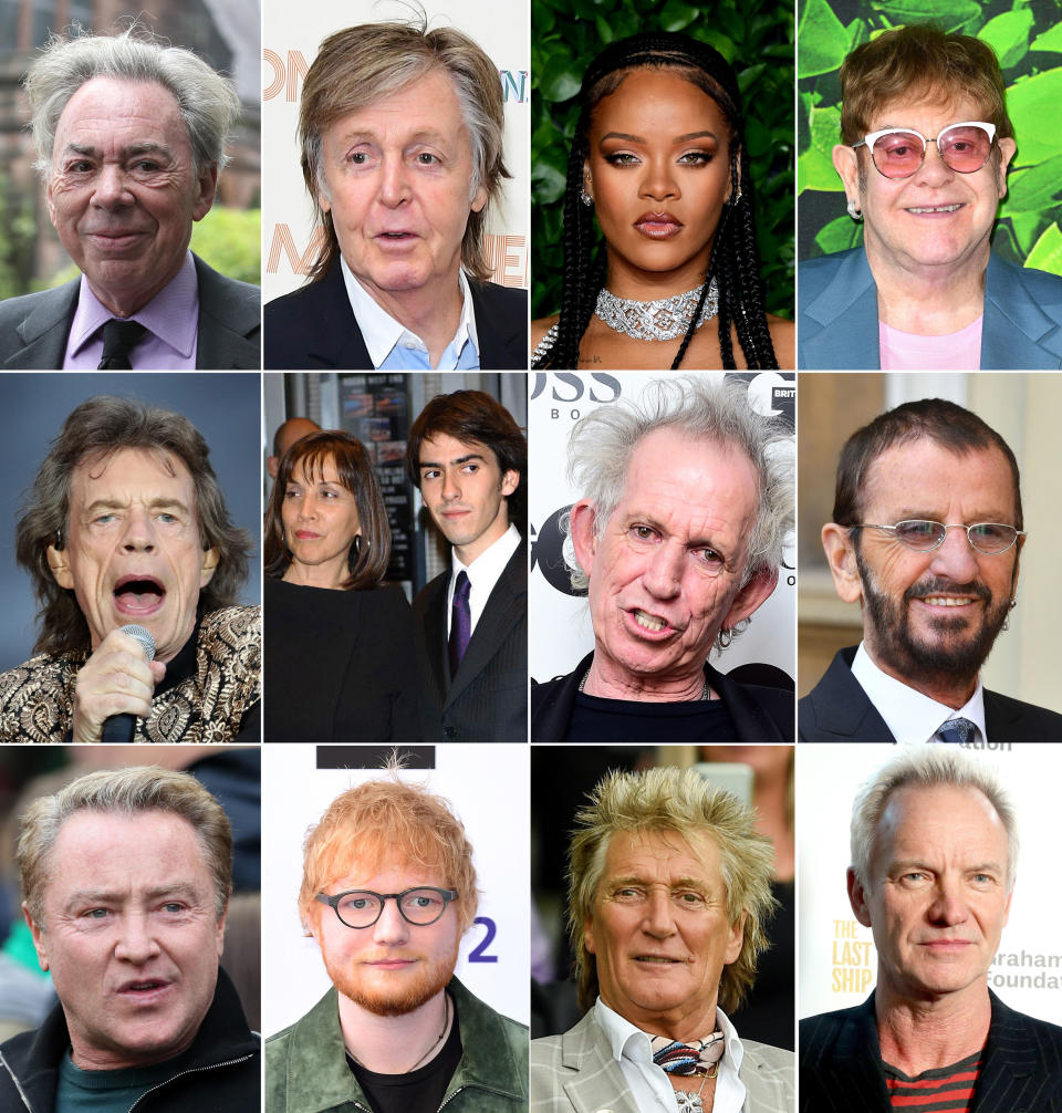 (l to r) Andrew Lloyd Webber, Sir Paul McCartney, Rihanna and Sir Elton John. (Middle row l to r) Sir Mick Jagger, Olivia and Dhani Harrison, Keith Richards and Sir Ringo Starr. (Bottom row l to r) Michael Flatley, Ed Sheera, Sir Rod Stewart and Sting (PA)