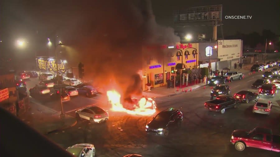 Video shows a wild street takeover in downtown Los Angeles coming to a fiery conclusion on Sat. June, 29, 2024. (OnSceneTV)