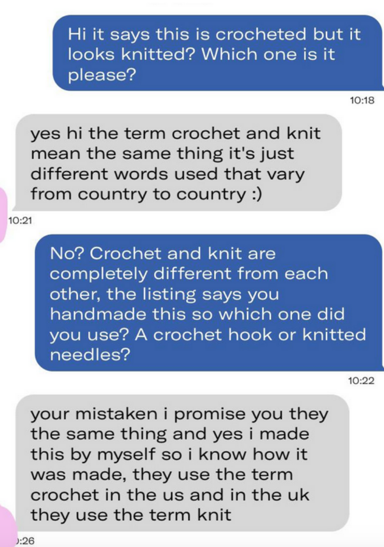 "the term crochet and knit mean the same thing"