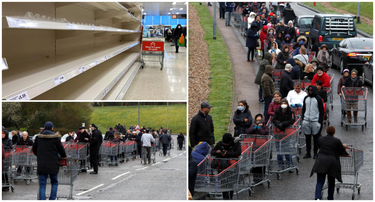 Shoppers queue outside a CostCo in Watford. (SWNS)