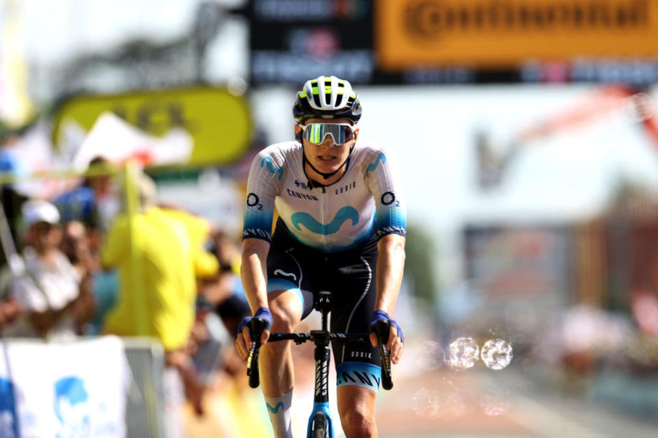 BELLEVILLEENBEAUJOLAIS FRANCE  JULY 13 Matteo Jorgenson of The United States and Movistar Team crosses the finish line as third place during the stage twelve of the 110th Tour de France 2023 a 1688km stage from Roanne to Belleville en Beaujolais  UCIWT  on July 13 2023 in Belleville en Beaujolais France Photo by Michael SteeleGetty Images