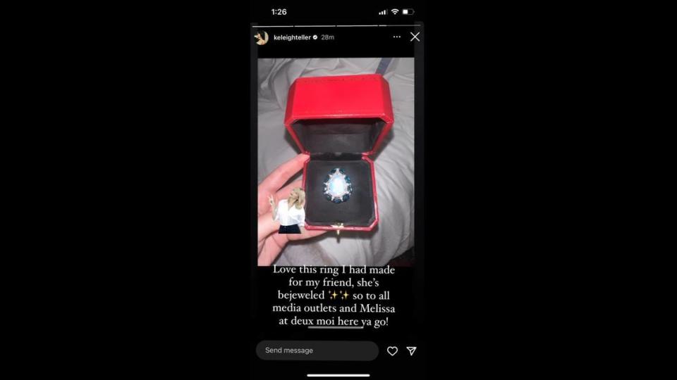 Taylor Swift’s friend Keleigh Teller has revealed the truth behind that big gemstone ring Swift wore at her birthday party last week. Instagram/ Keleigh Teller
