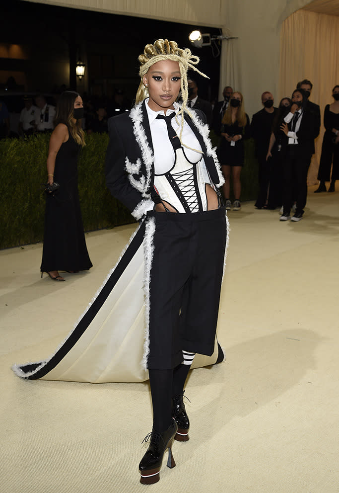 Amandla Stenberg in Thom Browne at the 2021 Met Gala. - Credit: Invision