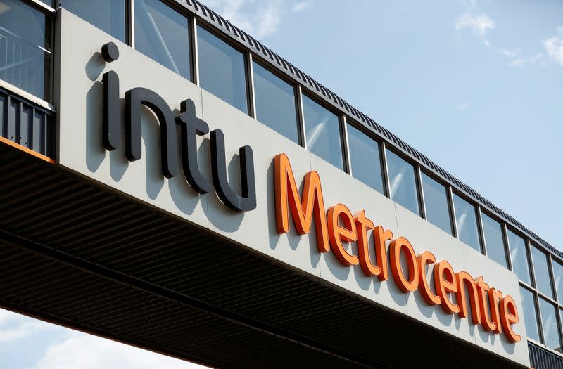 Logo of the Intu Metrocentre is pictured on a walkaway between the Red Mall and the train station in Metrocentre