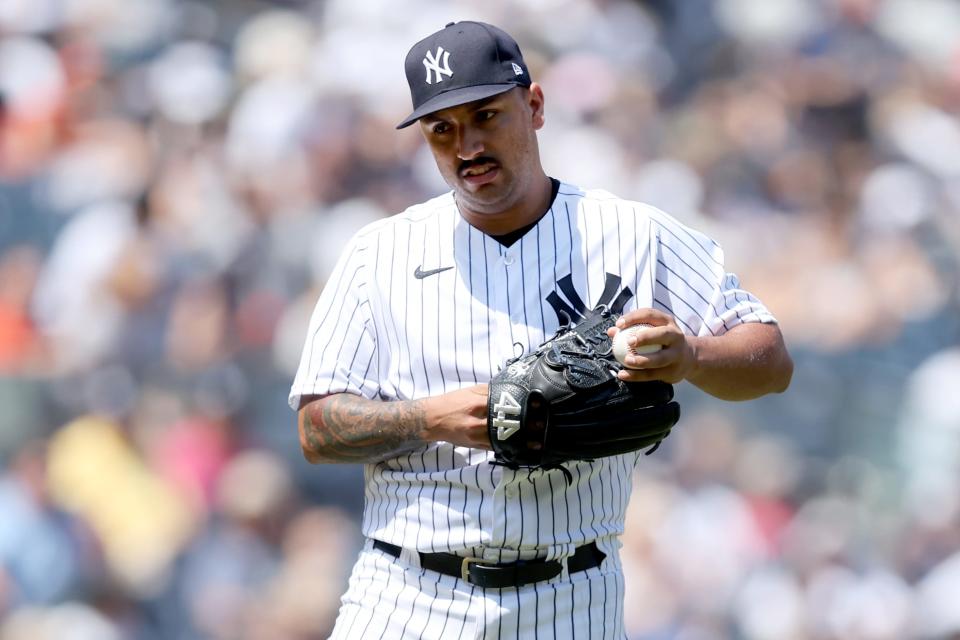 Jun 26, 2022; Bronx, New York, USA; New York Yankees starting pitcher Nestor Cortes (65) reacts after giving up a two run single to Houston Astros left fielder Mauricio Dubon (not pictured) during the fourth inning at Yankee Stadium.