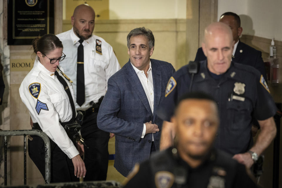 Michael Cohen leaves for a lunch break during the civil business fraud trial of former President Donald Trump at New York Supreme Court, Tuesday, Oct. 24, 2023, in New York. (AP Photo/Stefan Jeremiah)