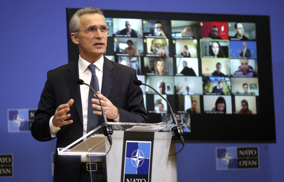 NATO Secretary General Jens Stoltenberg speaks during a media conference ahead of a NATO defense minister's meeting at NATO headquarters in Brussels, Monday, Feb. 15, 2021. (Olivier Hoslet, Pool via AP)