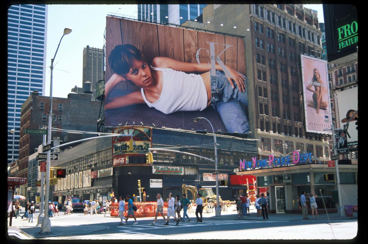 A Calvin Klein campaign, with Bijou Phillips, on a billboard in Times Square in 1995.