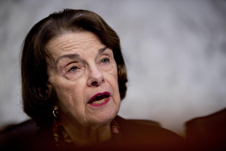 Ranking Member Dianne Feinstein, D-Calif., speaks as Department of Justice Inspector General Michael Horowitz testifies at a Senate Judiciary Committee hearing on the Inspector General's report on alleged abuses of the Foreign Intelligence Surveillance Act, Wednesday, Dec. 11, 2019, on Capitol Hill in Washington. (AP Photo/Andrew Harnik)