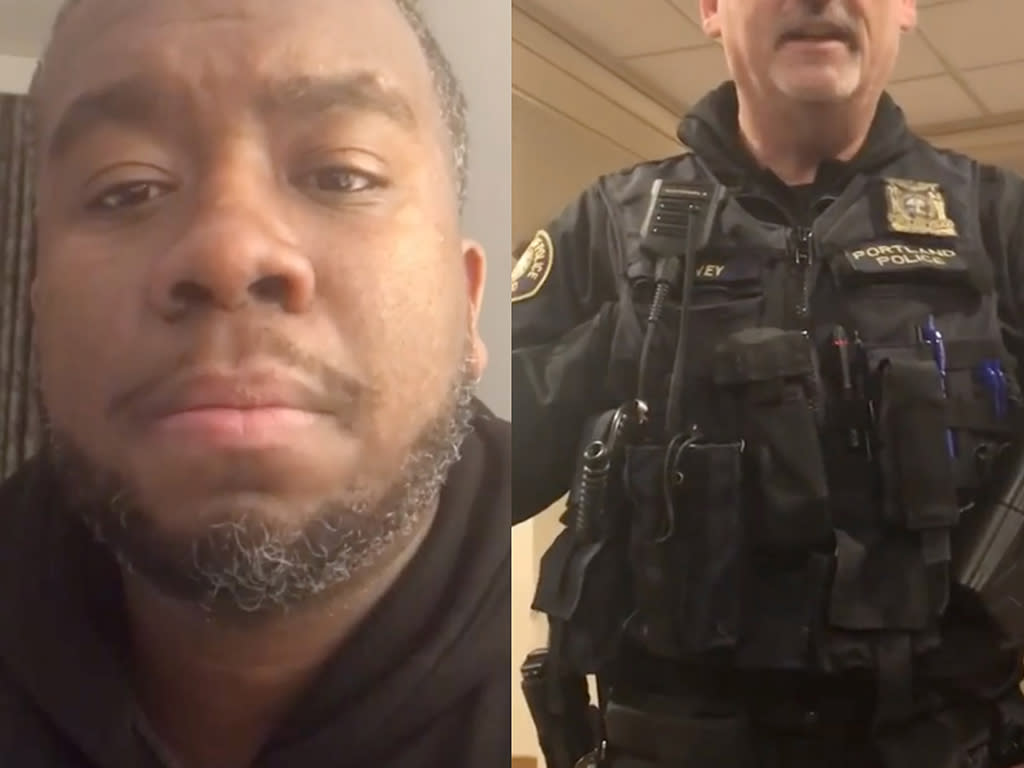 Jermaine Massey in the lobby of an Oregon hotel where he was staying, and a member of the Portland Police. (Photos: MyMaineReason via Instagram)