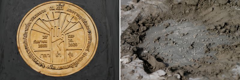 Combination picture of a plaque placed during a mass rally in Bangkok