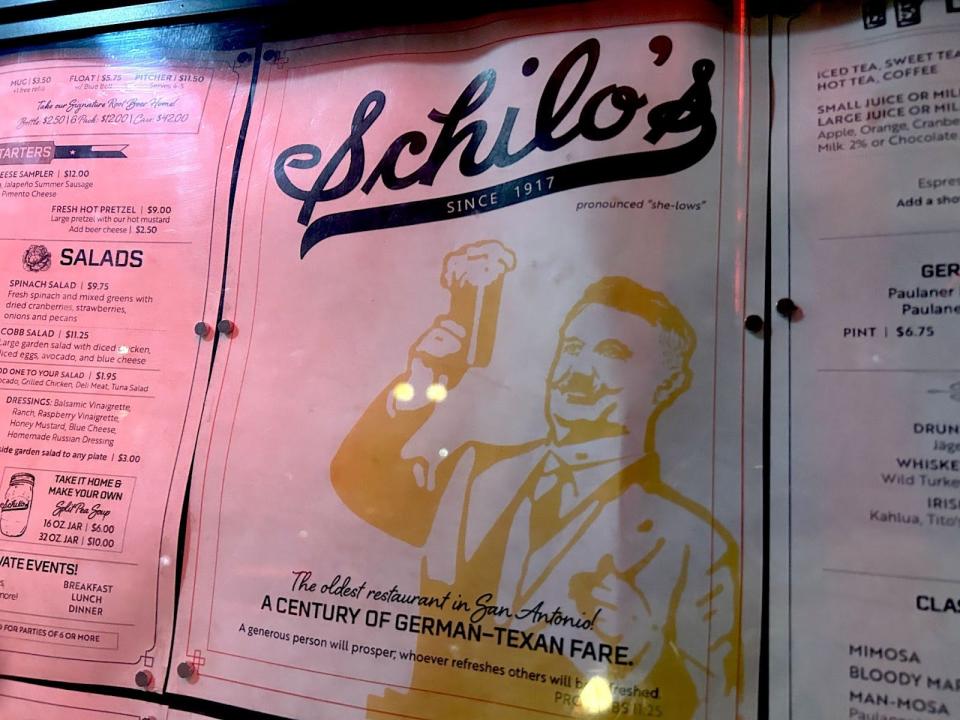 picture of the menu for Schilo’s in San Antonio.