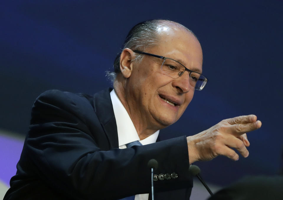 Geraldo Alckmin, former Sao Paulo's governor and Brazil's presidential candidate for the Social Democratic Party, speaks during a presidential debate in Sao Paulo, Brazil, Thursday, Aug. 9, 2018. Brazil will hold general elections on Oct. 7. (AP Photo/Andre Penner)