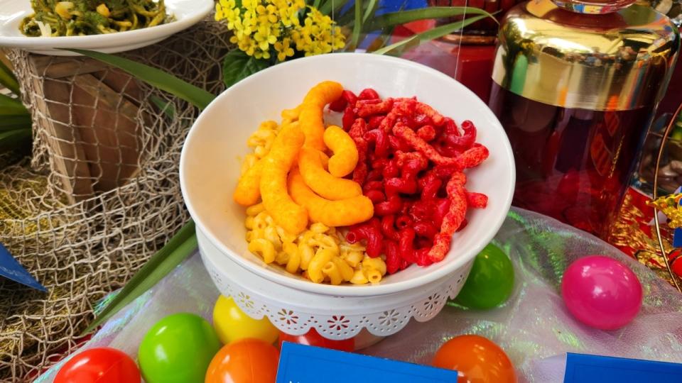 Yellow and red Mood Swing Mac & cheese at Disney California Adventure during Pixar Fest