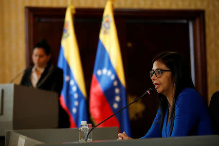 Delcy Rodriguez, President of the National Constituent Assembly talks to the media during a news conference in Caracas, Venezuela August 28, 2017. REUTERS/Carlos Garcia Rawlins