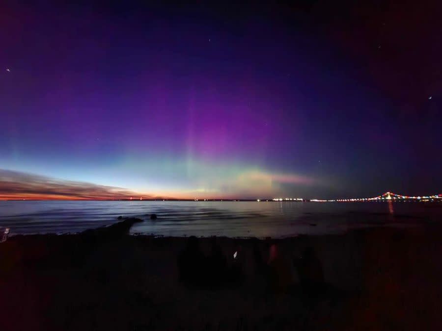 The northern lights at the Mackinac Bridge on May 11, 2024. (Courtesy Shane Gifford)