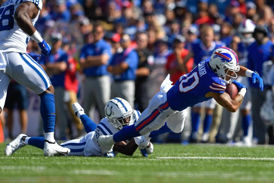 Former Boise State wide receiver Khalil Shakir caught a team-high five passes for 92 yards in his NFL debut Saturday in the Buffalo Bills preseason win over the Colts.