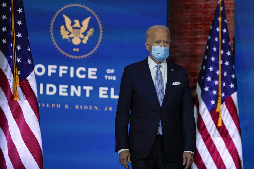 President-elect Joe Biden arrives to introduce his nominees and appointees to key national security and foreign policy posts at The Queen theater, Tuesday, Nov. 24, 2020, in Wilmington, Del. (AP Photo/Carolyn Kaster)