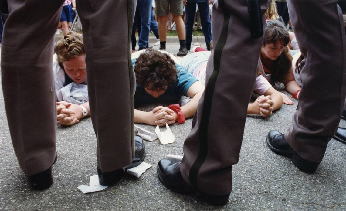 Abortion protesters block the entrance to Dr. George Tiller’s clinic during the Summer of Mercy protest in 1991.