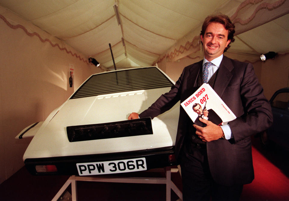 Italian businessman Domenico Morassutti with the 1977 Lotus Espirit S1 Submarine Shell as featured in the James Bond film The Spy Who Loved Me.  Mr Morassutti bought the Lotus shell for  29,000 (includes auctioneer's 15% comission) at the 007 auction at Christie's in London today (Thursday).  See PA story SALE Bond.  Photo by Matthew Fearn/PA   (Photo by Matthew Fearn - PA Images/PA Images via Getty Images)