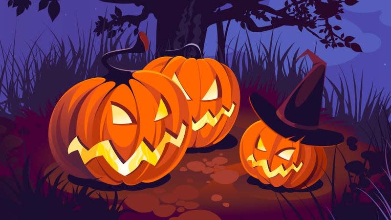 A cartoon shows Two large pumpkins standing next to a smaller pumpkin wearing a witch's hat.