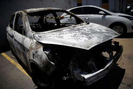 A burned car in which a body was found during searches for the Greek Ambassador for Brazil Kyriakos Amiridis, is pictured at a police station in Belford Roxo, Brazil December 30, 2016. REUTERS/Ricardo Moraes