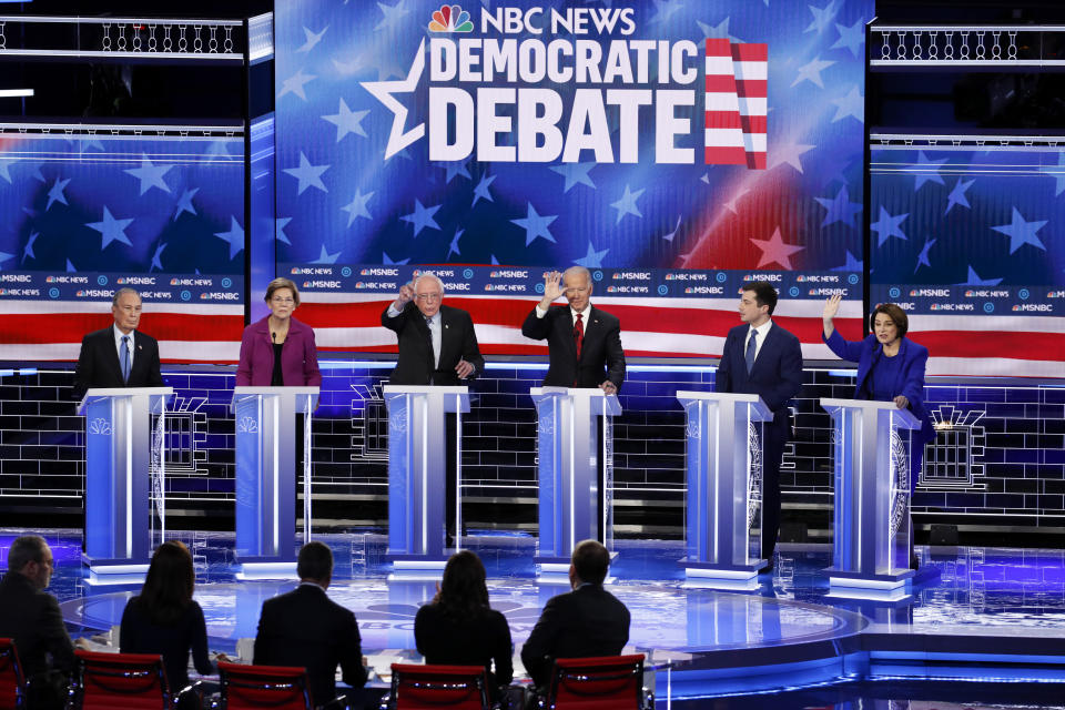 FILE - In this Feb. 19, 2020, file photo, from left, Democratic presidential candidates, former New York City Mayor Mike Bloomberg, Sen. Elizabeth Warren, D-Mass., Sen. Bernie Sanders, I-Vt., former Vice President Joe Biden, former South Bend Mayor Pete Buttigieg, Sen. Amy Klobuchar, D-Minn., participate in a Democratic presidential primary debate Wednesday, in Las Vegas, hosted by NBC News and MSNBC. The Democratic presidential contest has moved to immigrant-heavy Nevada, but the issues of immigration are seldom getting a thorough airing on the campaign trail. Candidates usually throw in a quick condemnation of President Donald Trump's hard-line policies but have shied away from outlining their own immigration positions. Immigration groups say that points to a potential vulnerability for whoever is the Democratic nominee later this year. (AP Photo/John Locher, File)