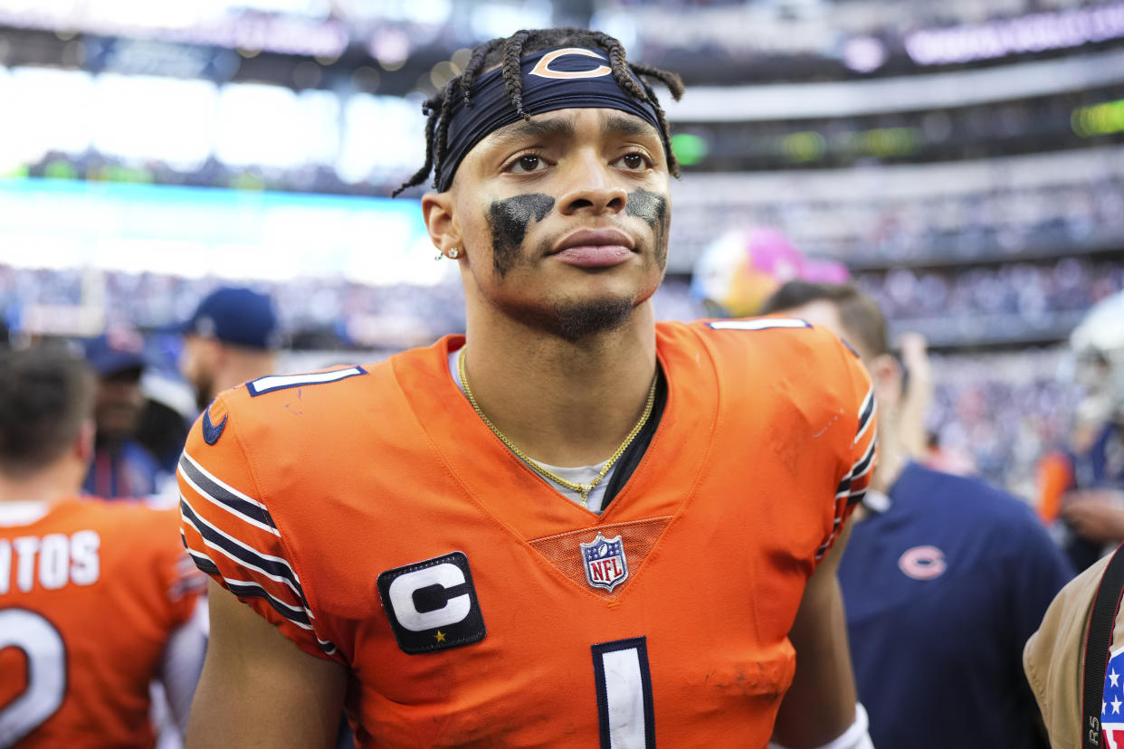 Bears quarterback Justin Fields completed his degree at Ohio State by taking online classes during NFL offseasons. (Photo by Cooper Neill/Getty Images)