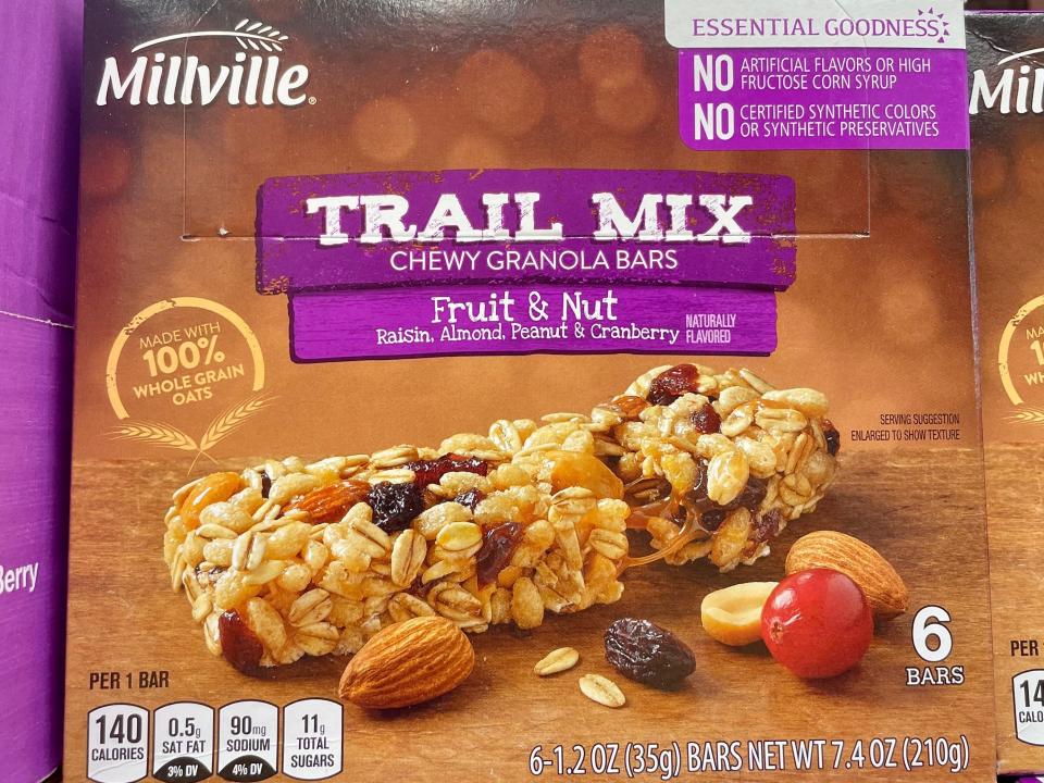Brown and purple box of trail-mix bars at Aldi
