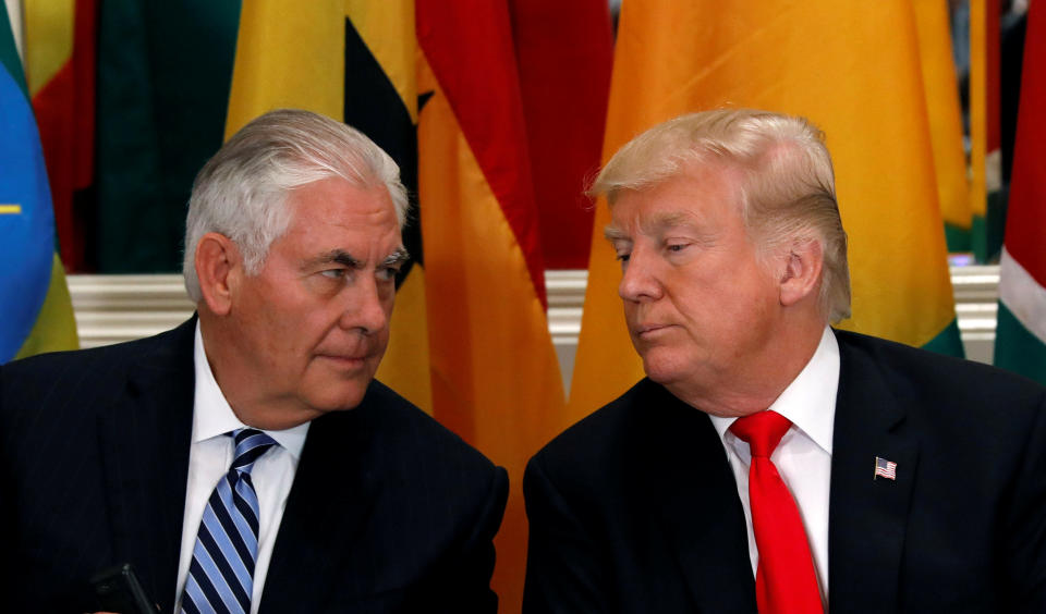 Secretary of State Rex Tillerson and President Trump confer during a Sept 20 U.N. lunch. (Reuters/Kevin Lamarque/File Photo)