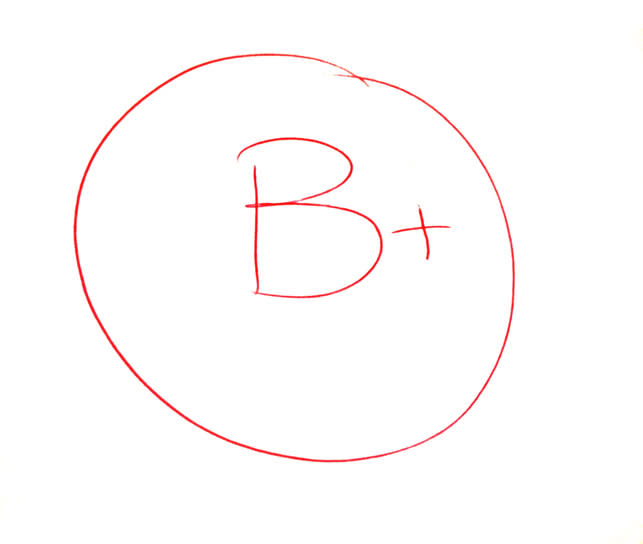 A handwritten 'B+' grade on a white background