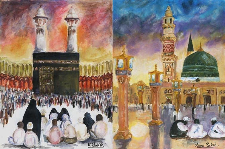 <span class="caption">An artist’s personal take on the more formal views of Makkah and Madinah which typically grace British-Muslim front rooms.</span> <span class="attribution"><a class="link " href="https://ahrc.ukri.org/research/readwatchlisten/imagegallery/hajjethnographybritish/" rel="nofollow noopener" target="_blank" data-ylk="slk:Kamel Baksh, 2015.;elm:context_link;itc:0;sec:content-canvas">Kamel Baksh, 2015.</a>, <a class="link " href="http://creativecommons.org/licenses/by-nc-nd/4.0/" rel="nofollow noopener" target="_blank" data-ylk="slk:CC BY-NC-ND;elm:context_link;itc:0;sec:content-canvas">CC BY-NC-ND</a></span>