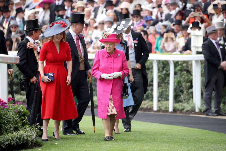 ASCOT, ENGLAND - JUNE 22:  (L-R) John Warren,  Princess Eugenie of York, Prince Andrew, Duke of York, Queen Elizabeth II and Princess Beatrice of York are seen in the Parade Ring as they attend Royal Ascot 2017 at Ascot Racecourse on June 22, 2017 in Ascot, England.  (Photo by Chris Jackson/Getty Images)