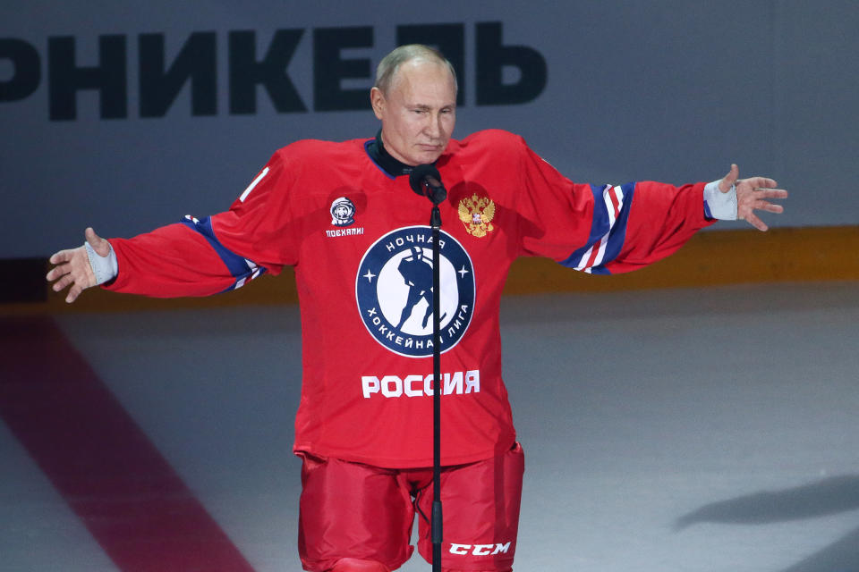 SOCHI, RUSSIA  MAY 10, 2021: Russian President Vladimir Putin speaks before a Night Hockey League gala friendly match at the Bolshoi Ice Dome. The Night Hockey League, a Russian amateur sports organisation, was founded in 2011 on the initiative of president Putin and famous ice hockey players to promote amateur ice hockey. Dmitry Feoktistov/TASS (Photo by Dmitry Feoktistov\TASS via Getty Images)