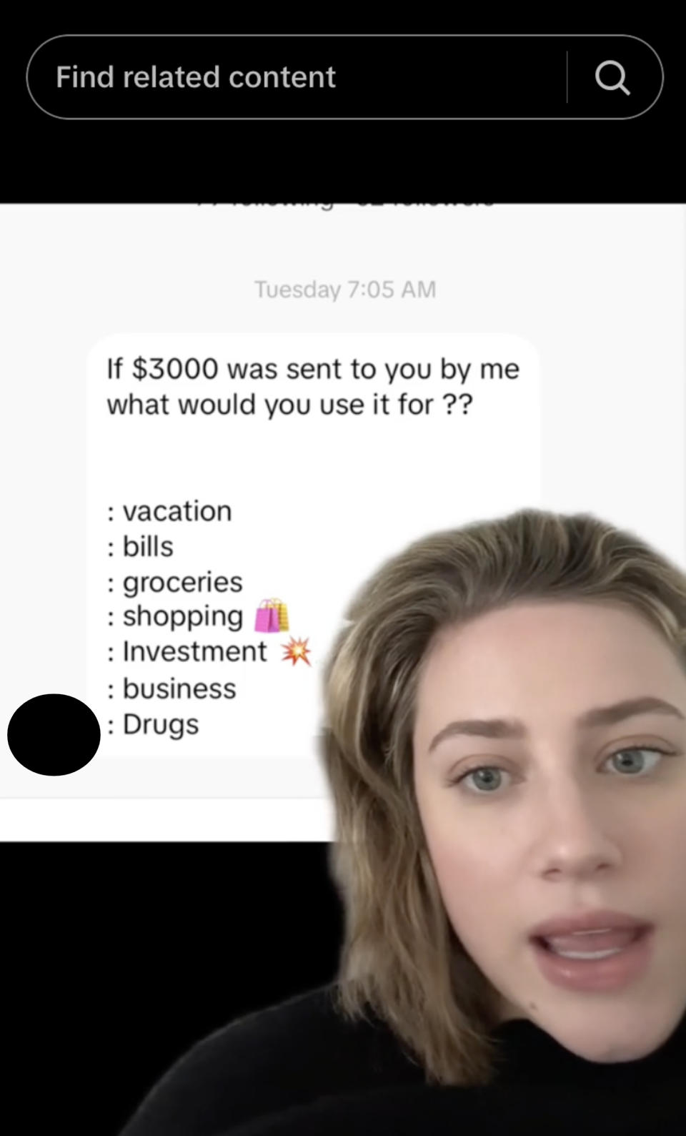 Closeup of Lili Reinhart contemplating the $3000 question