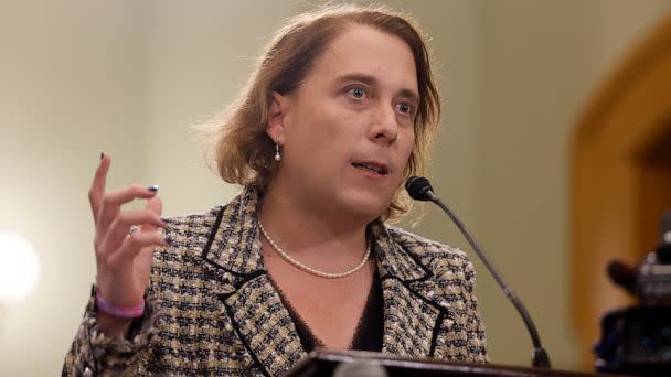 PHOTO: Jeopardy! champion Amy Schneider, who opposes a bill before Ohio lawmakers that would curtail access to hormone therapy and other medical procedures for transgender minors, testifies at the Ohio Statehouse in Columbus, Ohio, Nov. 16, 2022 (Jay Laprete/AP)