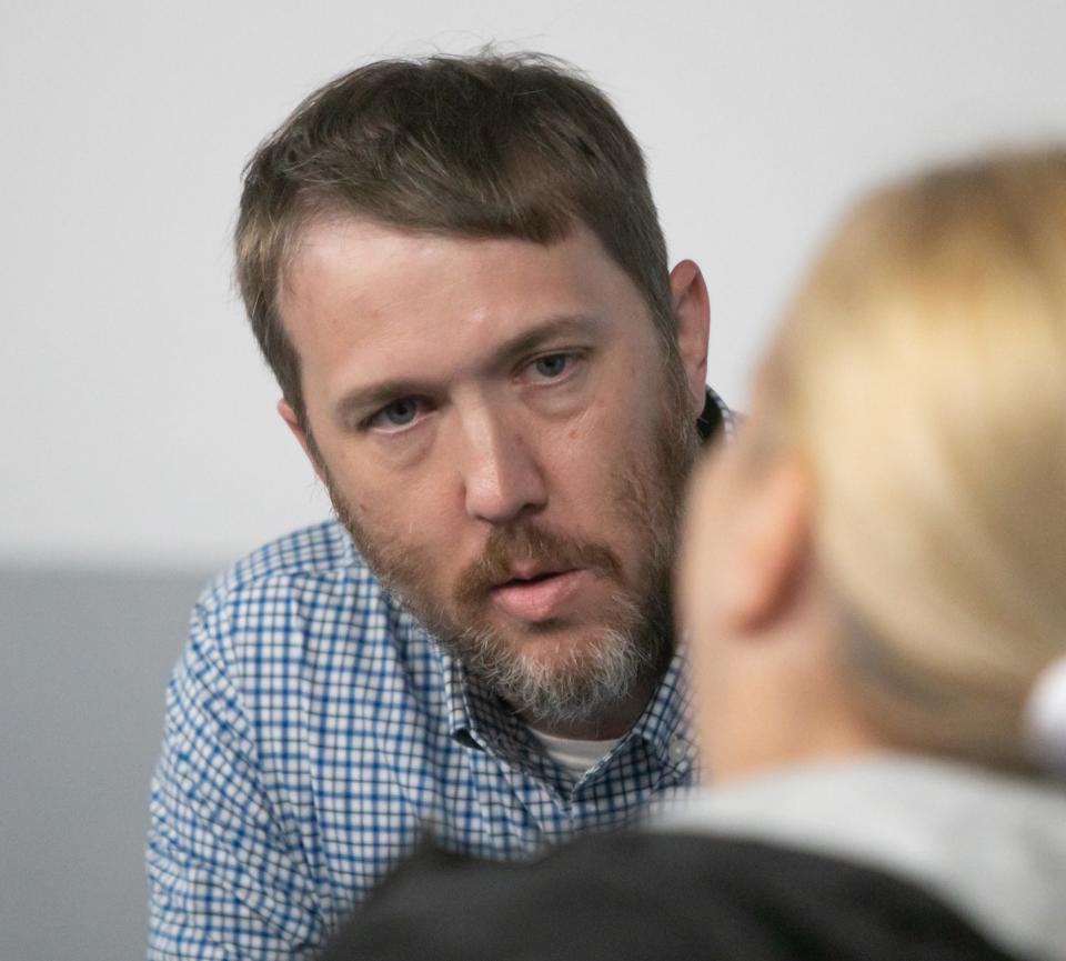 Michael Womack, a finalist candidate for Brighton City Manager, talks in an informal 'meet and greet' portion of the city council meeting Monday, July 18, 2022.