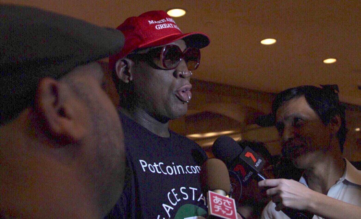 Former NBA superstar Dennis Rodman speaking to reporters on 12 June 2018, on the same day that his “friend” and North Korean leader Kim Jong Un met with US President Donald Trump in their historic summit. PHOTO: Abdul Rahman Azhari/Yahoo News Singapore