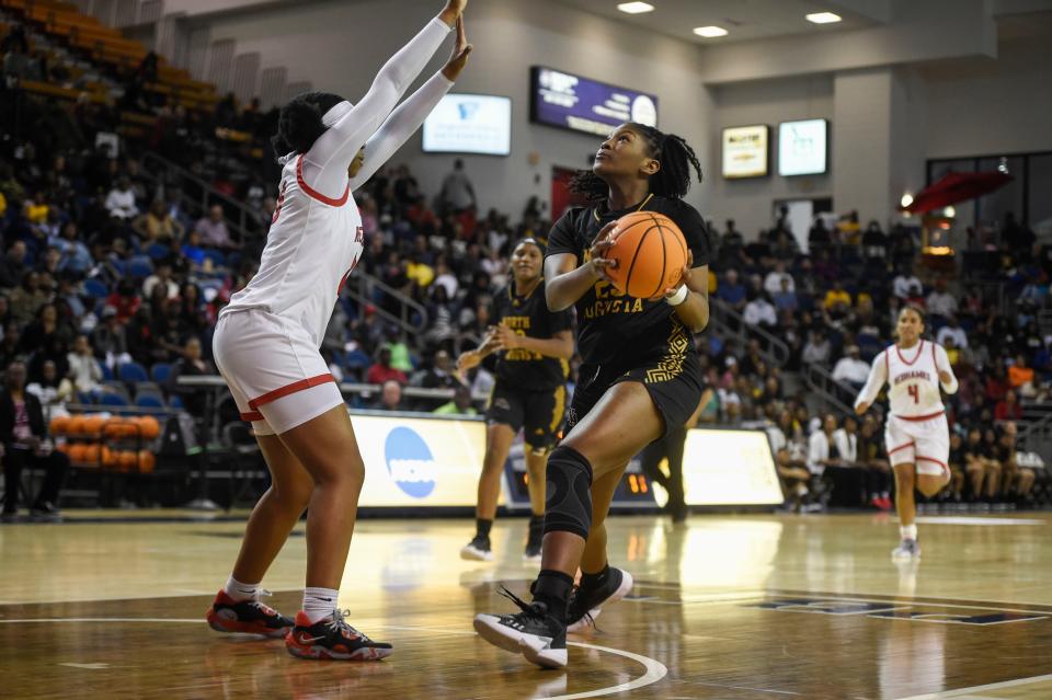 North Augusta small forward Celena Grant (23) looks to the basket during the North Augusta and Westwood AAAA state championship game at USC Aiken in Aiken, S.C., on Thursday March 2, 2023. North Augusta defeated Westwood 42-29 and are state champions.   