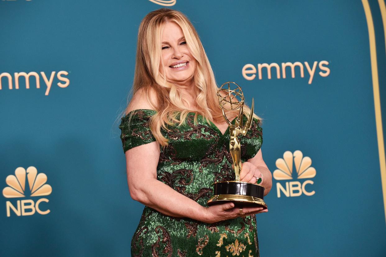 Jennifer Coolidge poses with the Emmy for outstanding supporting actress in a limited or anthology series or movie for "The White Lotus" during the 74th Emmy Awards on Monday, Sept. 12, 2022 at the Event Deck of the Microsoft Theater in Los Angeles. (Photo by Lisa O'Connor/Invision for the Television Academy/AP Images)