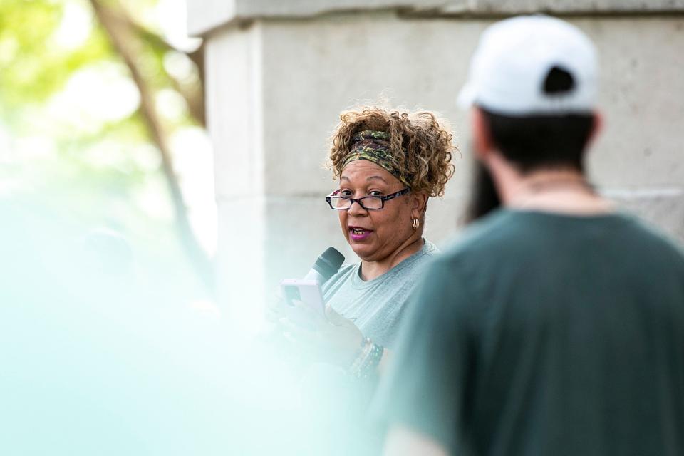 Francine Thompson, executive director of the Emma Goldman Clinic, speaks during a Bans Off Our Bodies protest in support of abortion rights, Saturday, May 14, 2022, in Iowa City, Iowa.