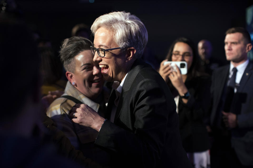 Tina Kotek, Oregon's Democratic gubernatorial candidate, greets supporters at the Democratic Party of Oregon's election party, Tuesday night. Nov. 8, 2022, in Portland, Ore. (Beth Nakamura/The Oregonian via AP)