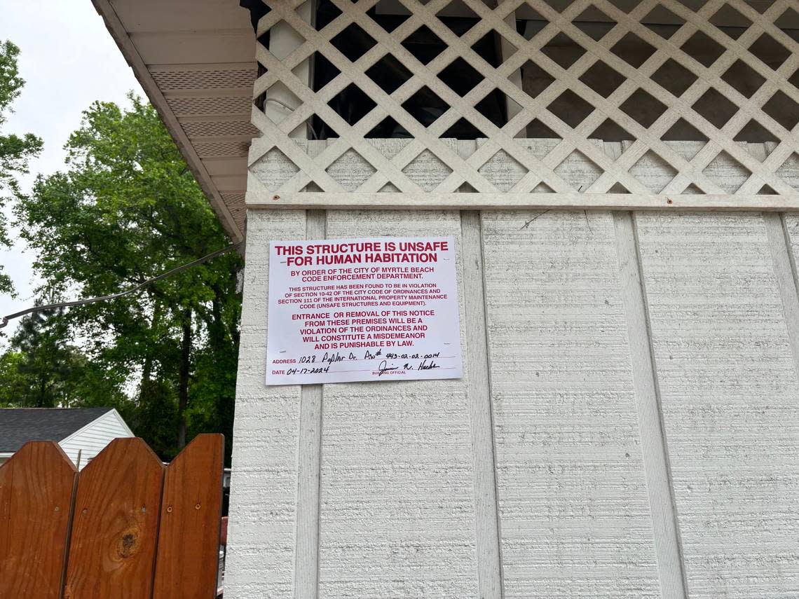 The sign posted at 1028 Poplar Drive letting people know the house is deemed uninhabitable by the city of Myrtle Beach.