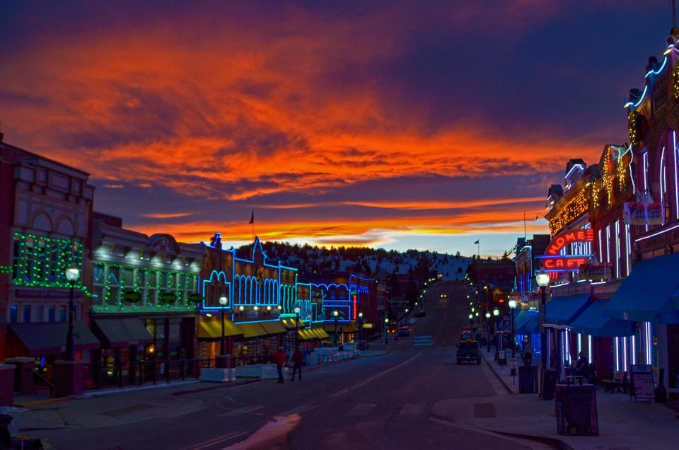 The lights and the sunset provide for a spectacular show on Cripple Creek's main drag Bennett Avenue.