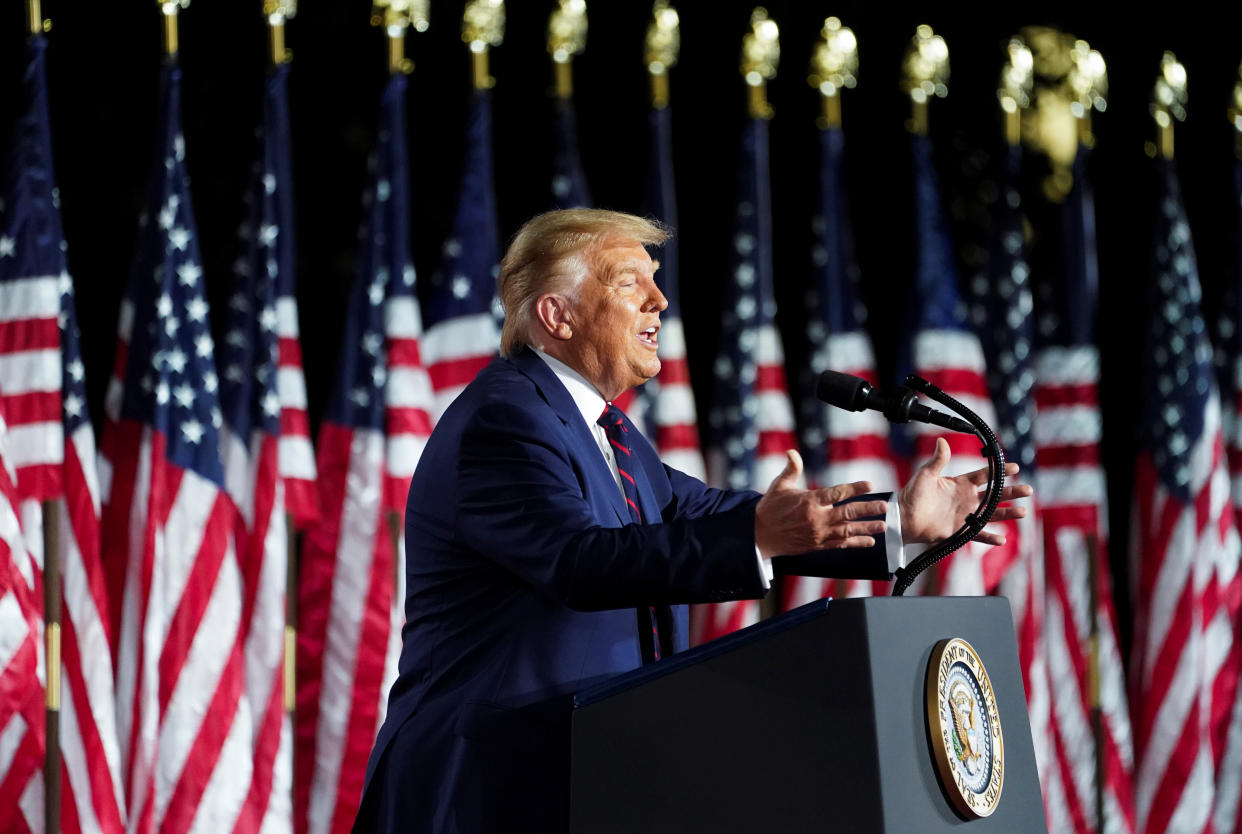 President Trump delivers his acceptance speech as the 2020 Republican presidential nominee during the final event of the Republican National Convention on the South Lawn of the White House on Aug 27. (Kevin Lamarque/Reuters)