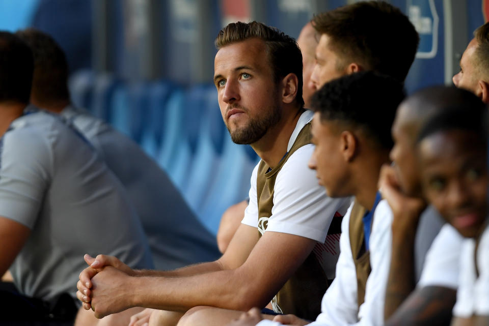 Super sub: England’s Harry Kane watches on from the bench after being rested by Gareth Southgate