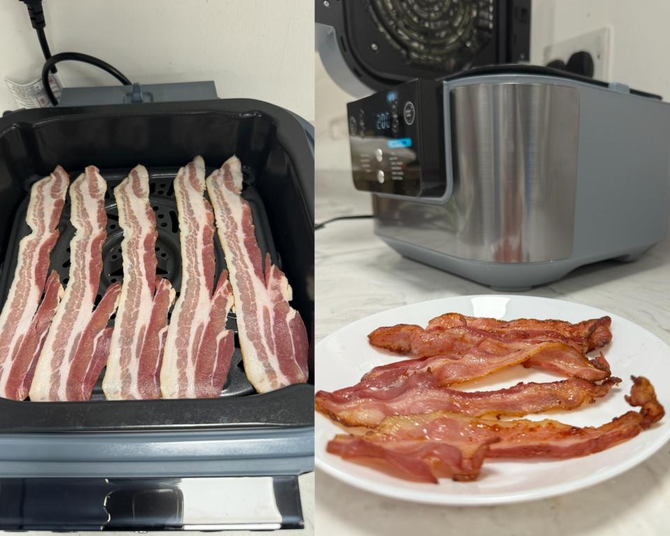 A before and after shot of cooking bacon in the Ninja Speedi rapid cooker