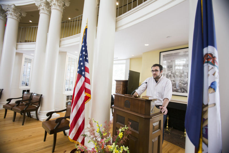 David Birkenthal, student council chair of the representative body at the University of Virginia, speaks inside the Dome Room of the Rotunda. (Photo: Richard Dizon/The Cavalier Daily)